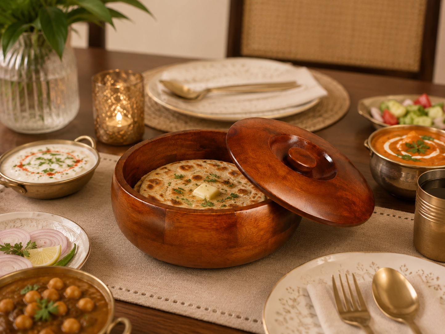 Premium Round Wooden Roti Box with Lid for Chapati, Paratha and Bread Storage