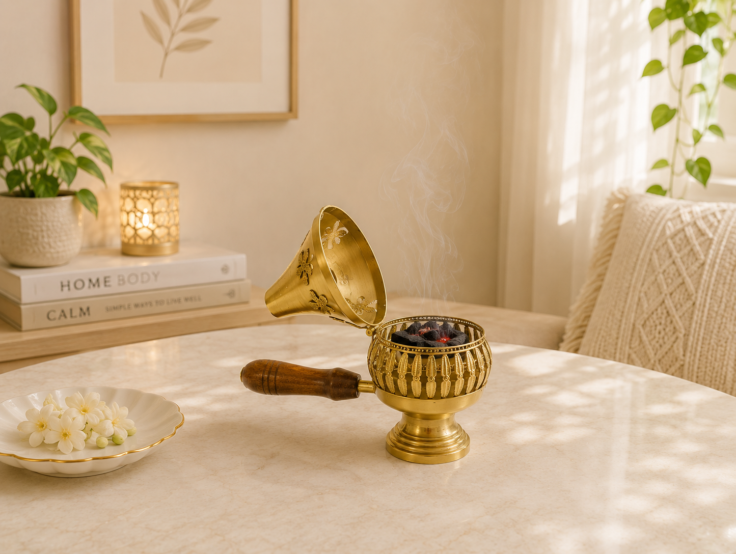 Floral Metal Loban Burner with Wooden Handle