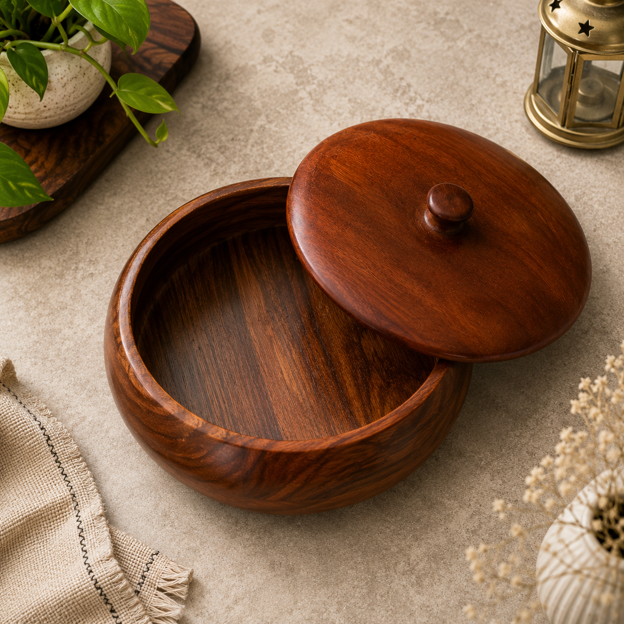 Premium Round Wooden Roti Box with Knob Lid for Chapati, Paratha and Bread Storage