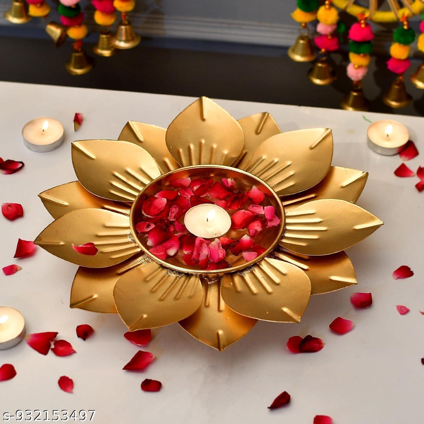 Lotus Flower Metal Urli for Diwali Decoration | Decorative Floral Urli Bowl with Floating Flower Design for Pooja Room, Wedding Centerpiece & Luxury Home Decor