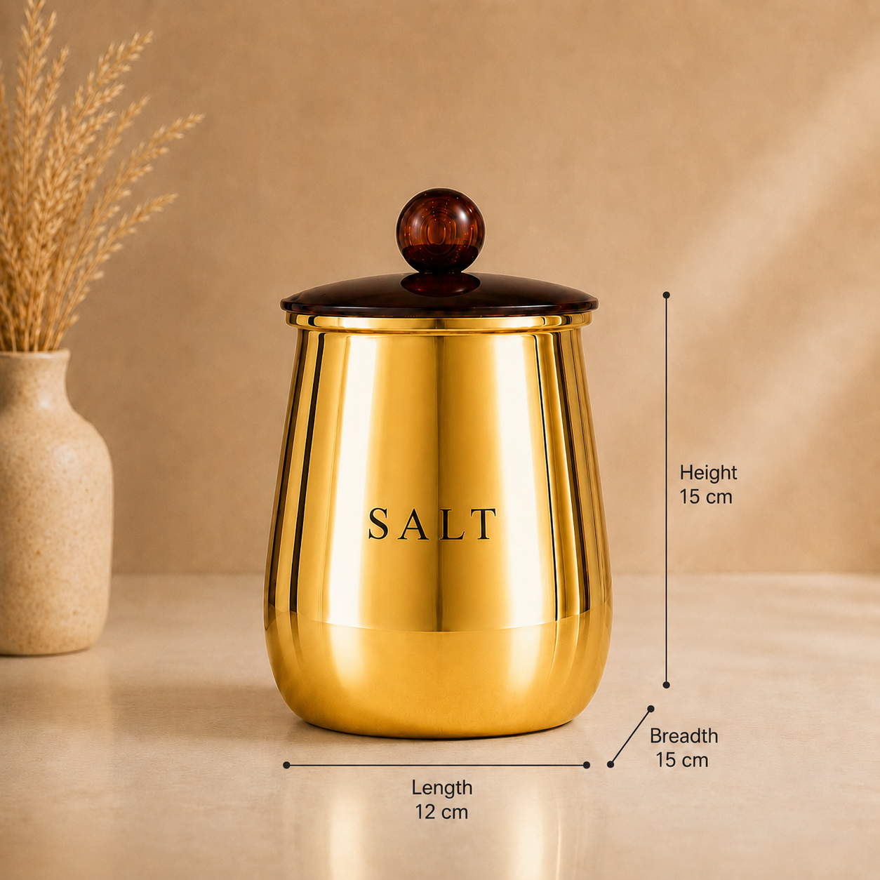 Premium Gold Metal Salt Storage Container with Decorative Knob Lid for Kitchen Counter