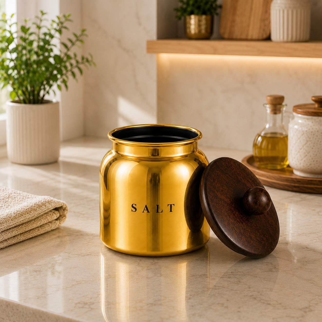 Premium Gold Metal Salt Canister with Wooden-Style Lid – Luxury Kitchen Storage Container for Countertop, Pantry, Spices & Dry Food