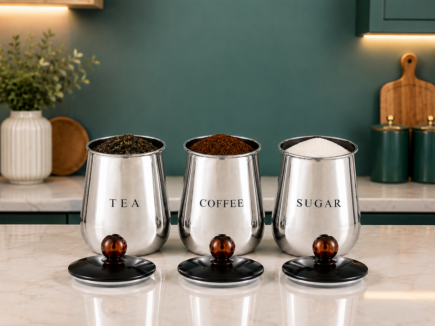 Premium Silver Metal Tea Coffee Sugar Containers Set of 3 with Black Lids