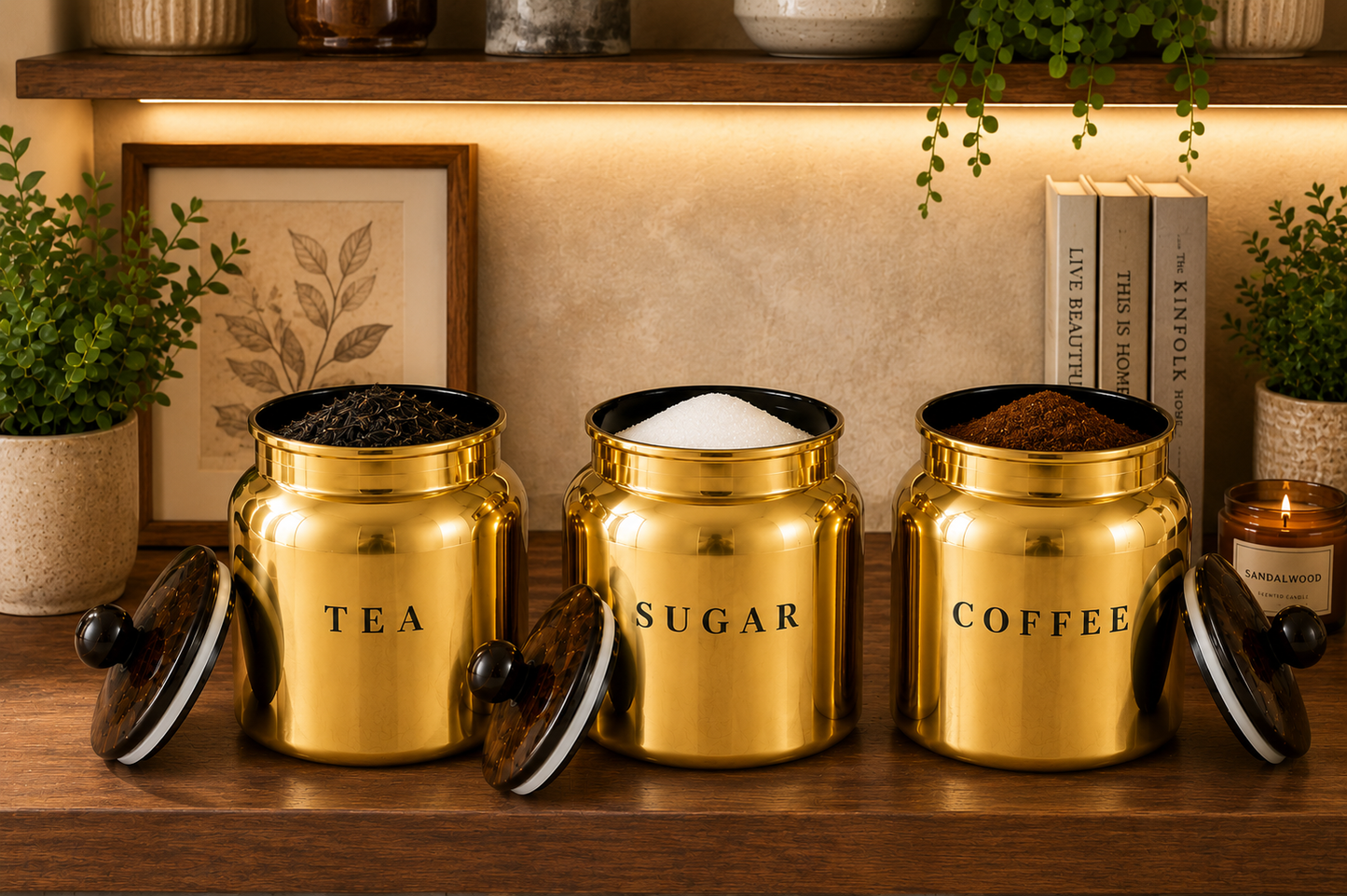 Gold Metal Tea Sugar Coffee Canister Set with Wooden-Style Lids – Premium 3 Piece Kitchen Storage for Countertop, Pantry & Coffee Station