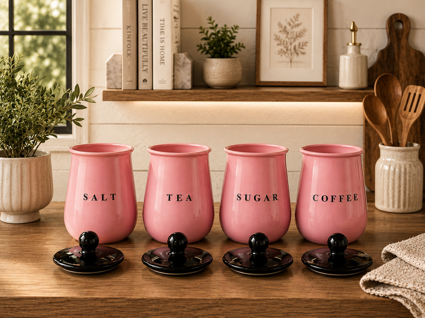 Glossy Pink Metal Salt Tea Sugar Coffee Container Set with Black Lids – 4 Piece Kitchen Storage Canisters for Countertop, Pantry & Tea Coffee Station