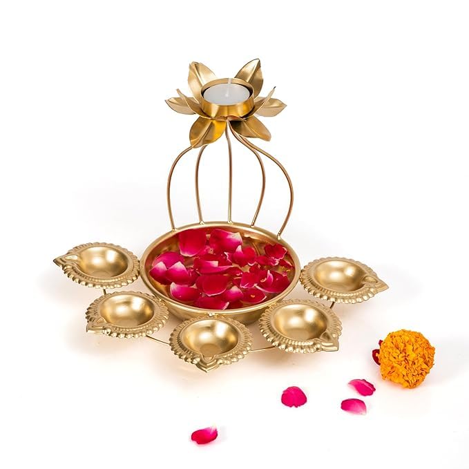 Elegant Lotus Metal Urli with Diyas & Floating Flower Bowl – Luxury Decorative Metal Urli for Diwali, Pooja, Mandir Decoration, Festive Table Centerpiece & Spiritual Home Decor