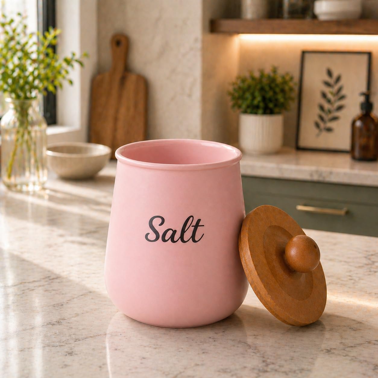 Pink Metal Salt Storage Container with Wooden Lid | Kitchen Countertop Seasoning Holder | Airtight Metal Storage Canister for Salt, Spices & Dry Ingredients | Modern Farmhouse Kitchen Organizer