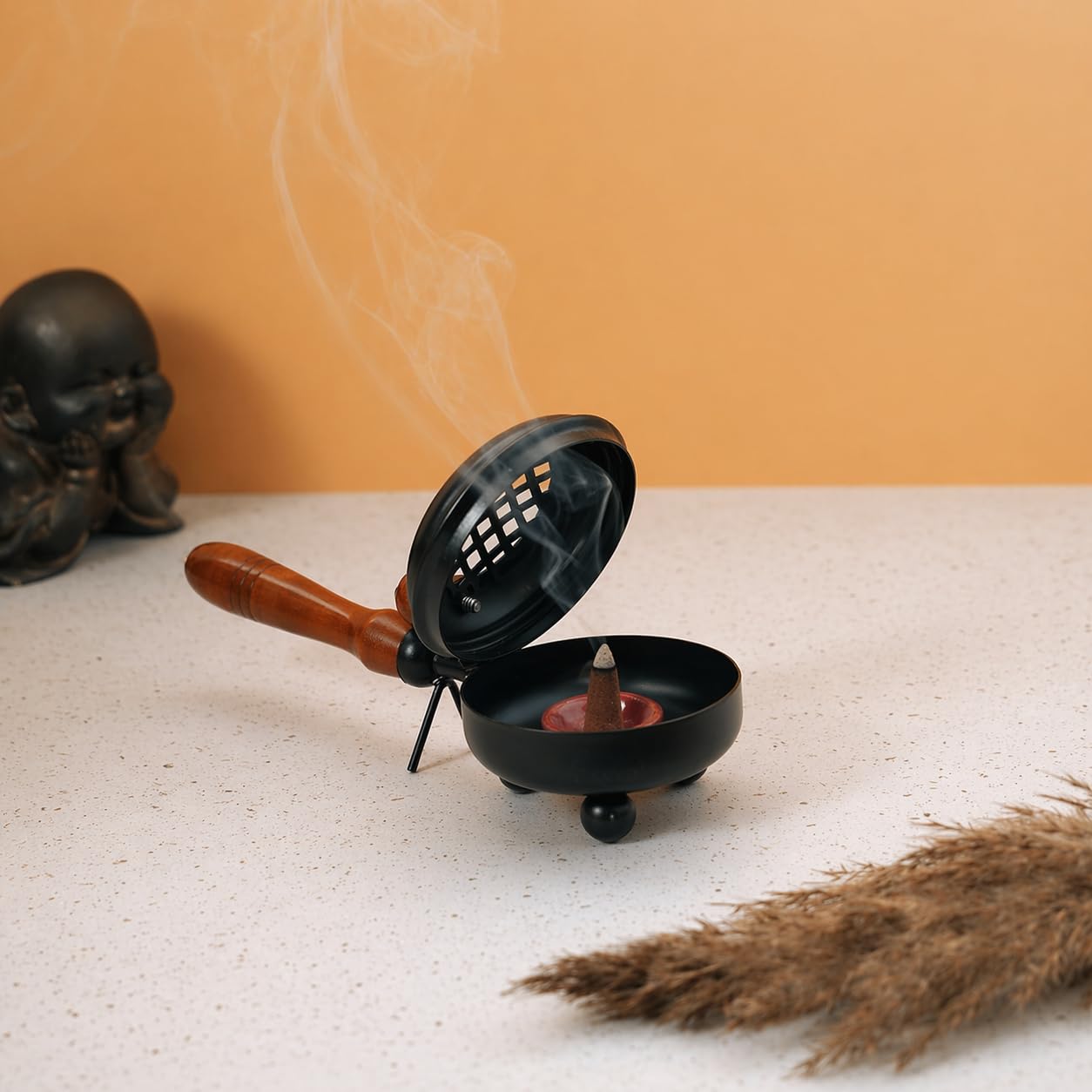 Metal Loban Burner with Wooden Handle | Black Dhoop Dani | Incense Burner for Home, Pooja & Aromatherapy