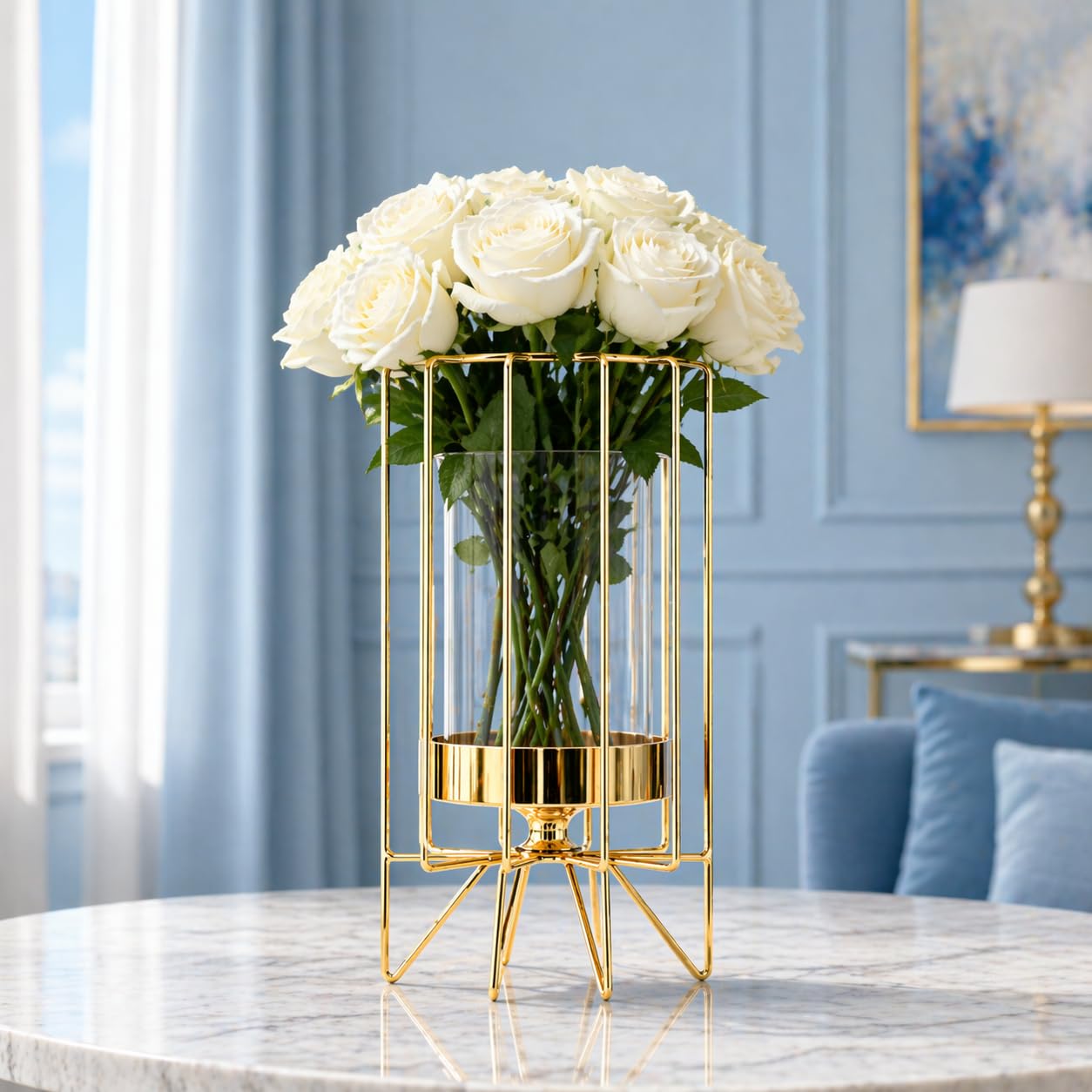 Modern Geometric Gold Vase with Glass Cylinder | Luxury Metal Frame Flower Vase for Elegant Living Room & Contemporary Home Decor
