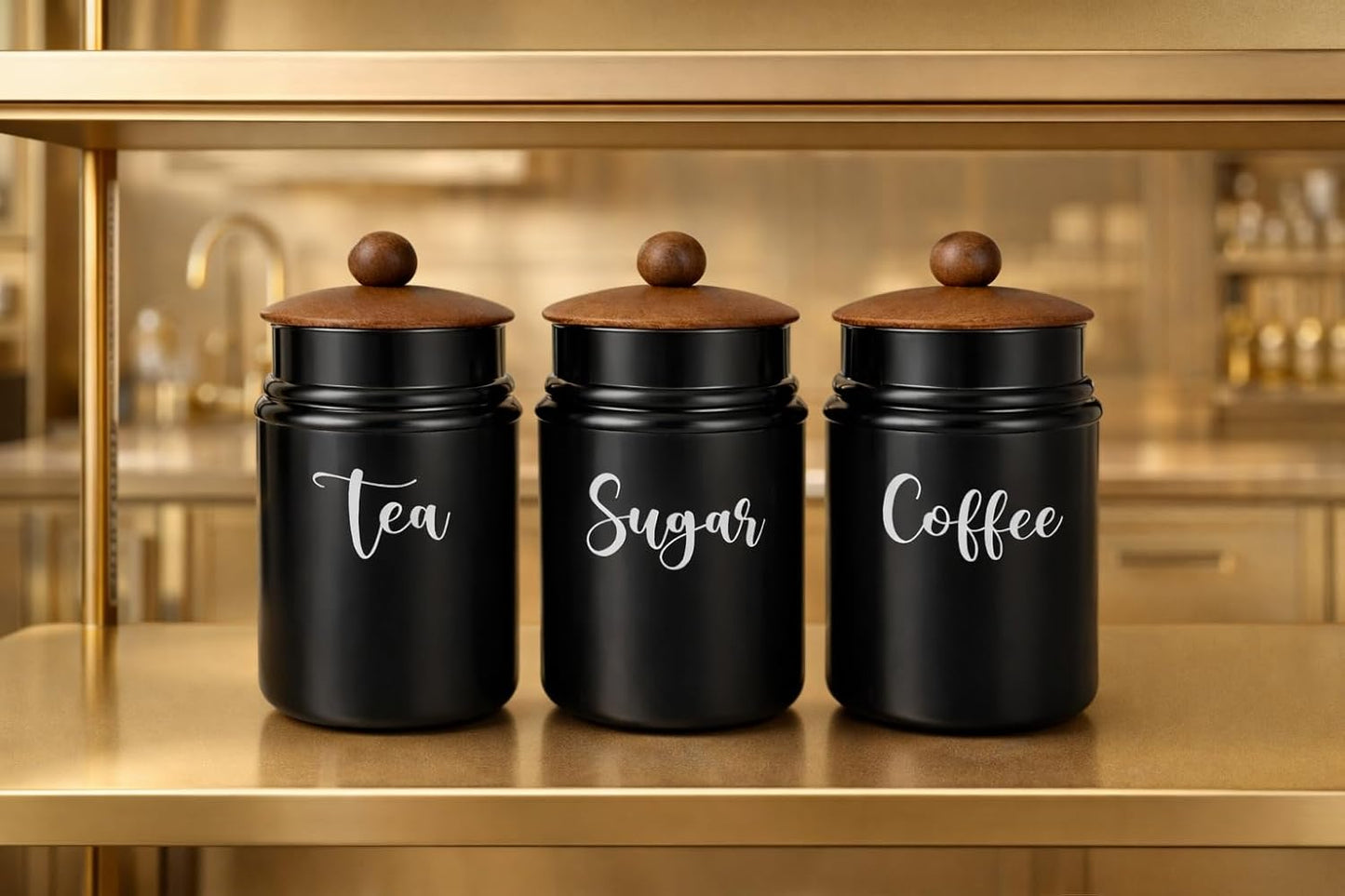 Matte Black Metal Kitchen Canister Set with Wooden Lids – Tea, Sugar & Coffee Storage Containers, Airtight Countertop Jars for Modern Kitchen Decor
