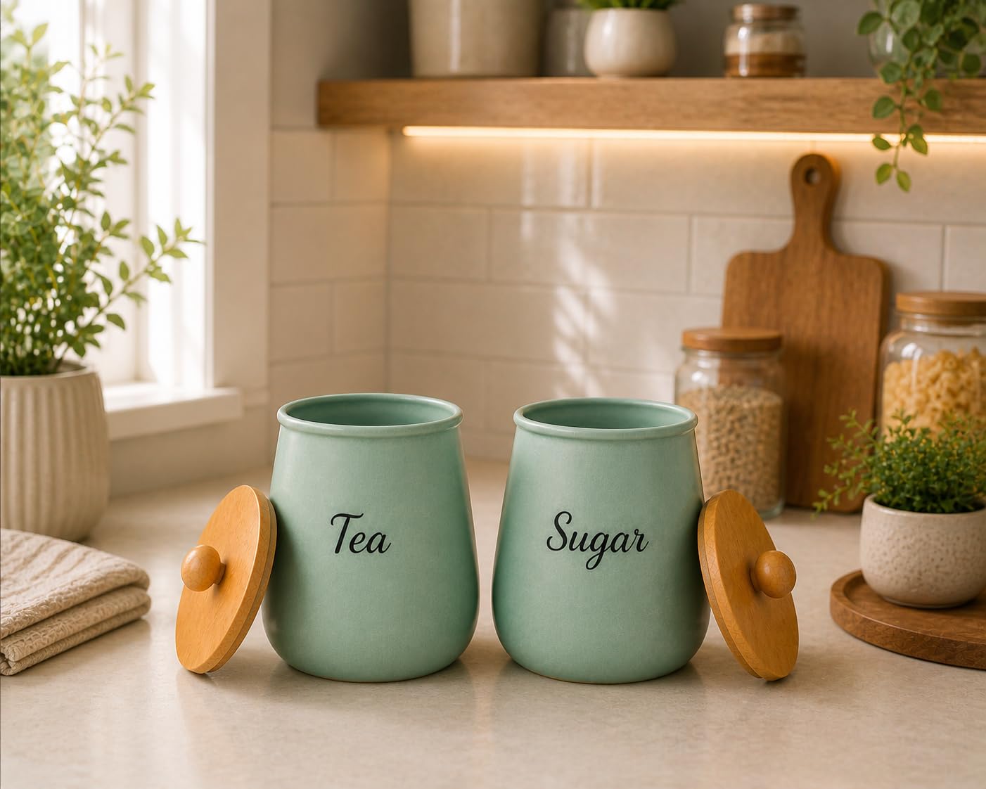 Teal Metal Tea Sugar Container Set | Airtight Kitchen Storage Canister with Wooden Lid | Aqua Green Tea Coffee Sugar Holder | Modern Countertop Organizer for Home Kitchen