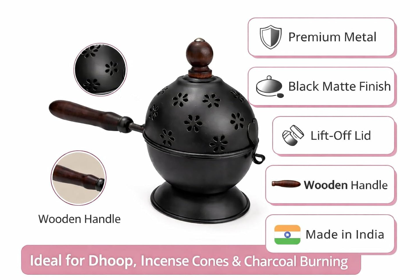 Black Metal Loban Burner with Wooden Handle | Premium Dhoop Dani Incense Burner for Home, Pooja, Temple, Meditation & Aromatherapy | Decorative Kapoor Dani & Home Fragrance Diffuser
