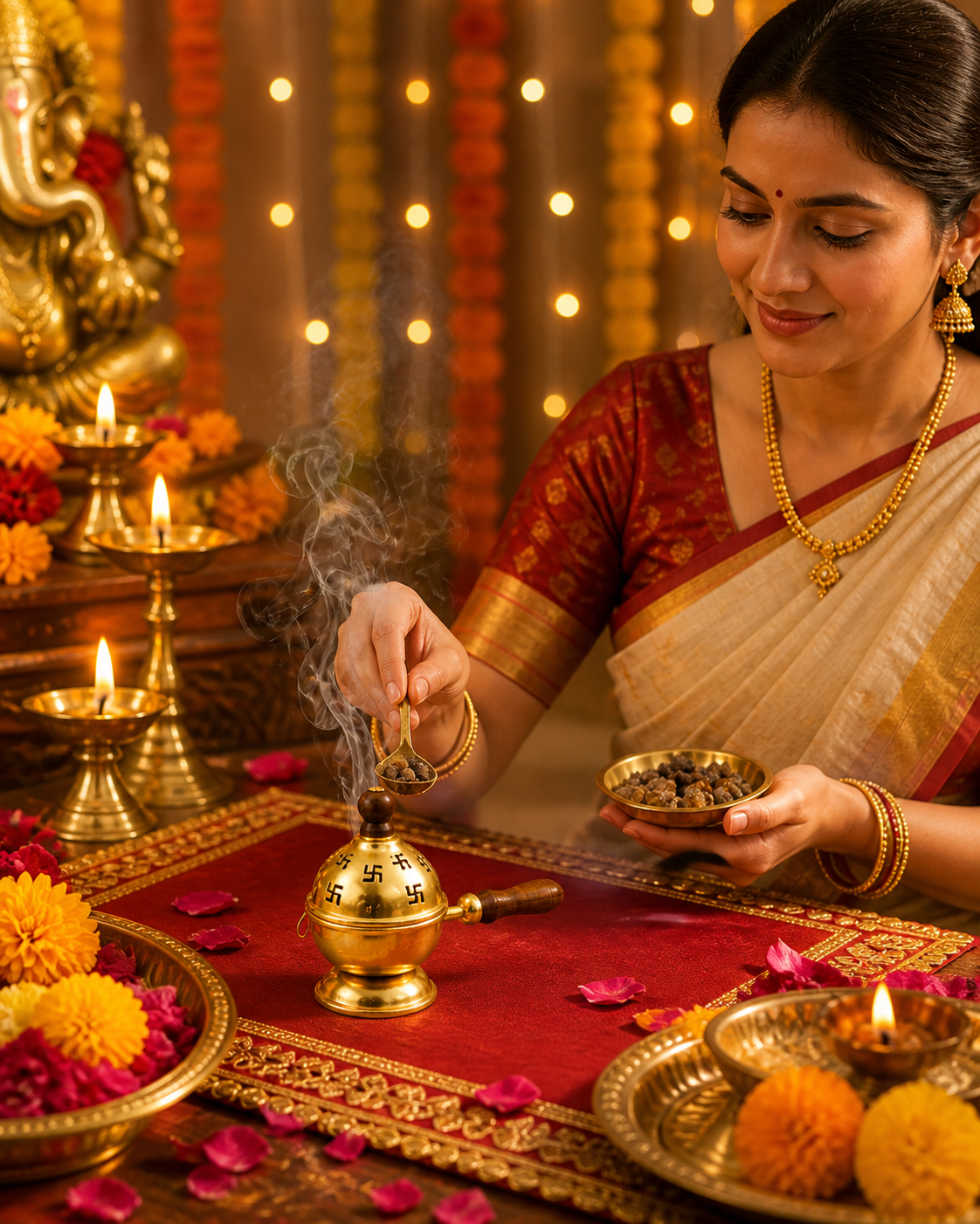 Premium Gold Metal Loban Dhoop Dani with Swastik Design & Wooden Handle | Kapoor Dani for Pooja, Havan, Mandir & Home Fragrance | Traditional Incense Burner