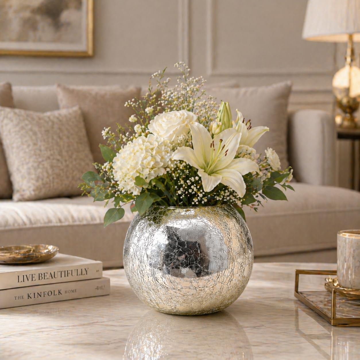 Luxury Silver Crackle Vase | Elegant Mercury Glass Decorative Vase for Modern Living Room & Contemporary Home Decor