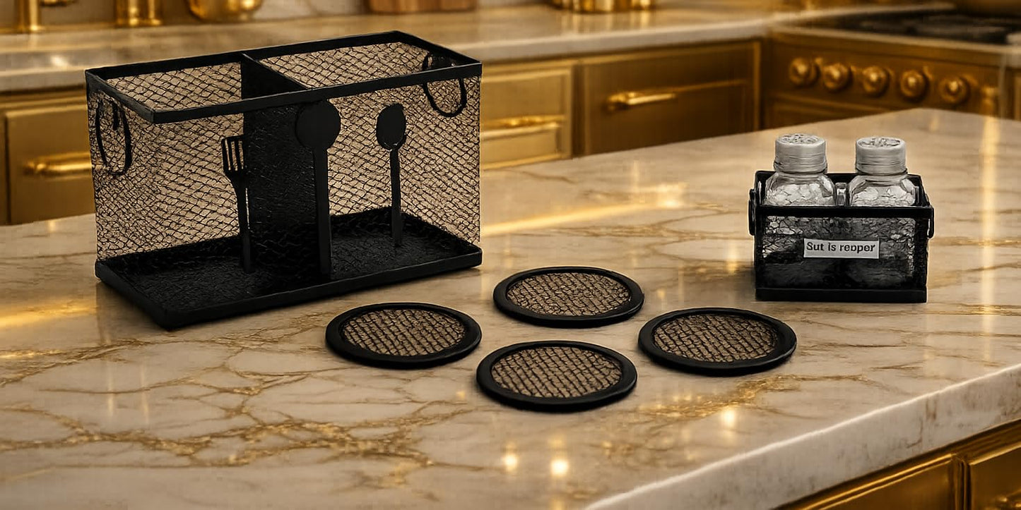 Metal Mesh Cutlery Holder Set for Kitchen & Dining Table | Multipurpose Kitchen Organizer Basket with Napkin Holder, Salt Pepper Holder & Coasters | Modern Black Metal Kitchen Accessories Combo