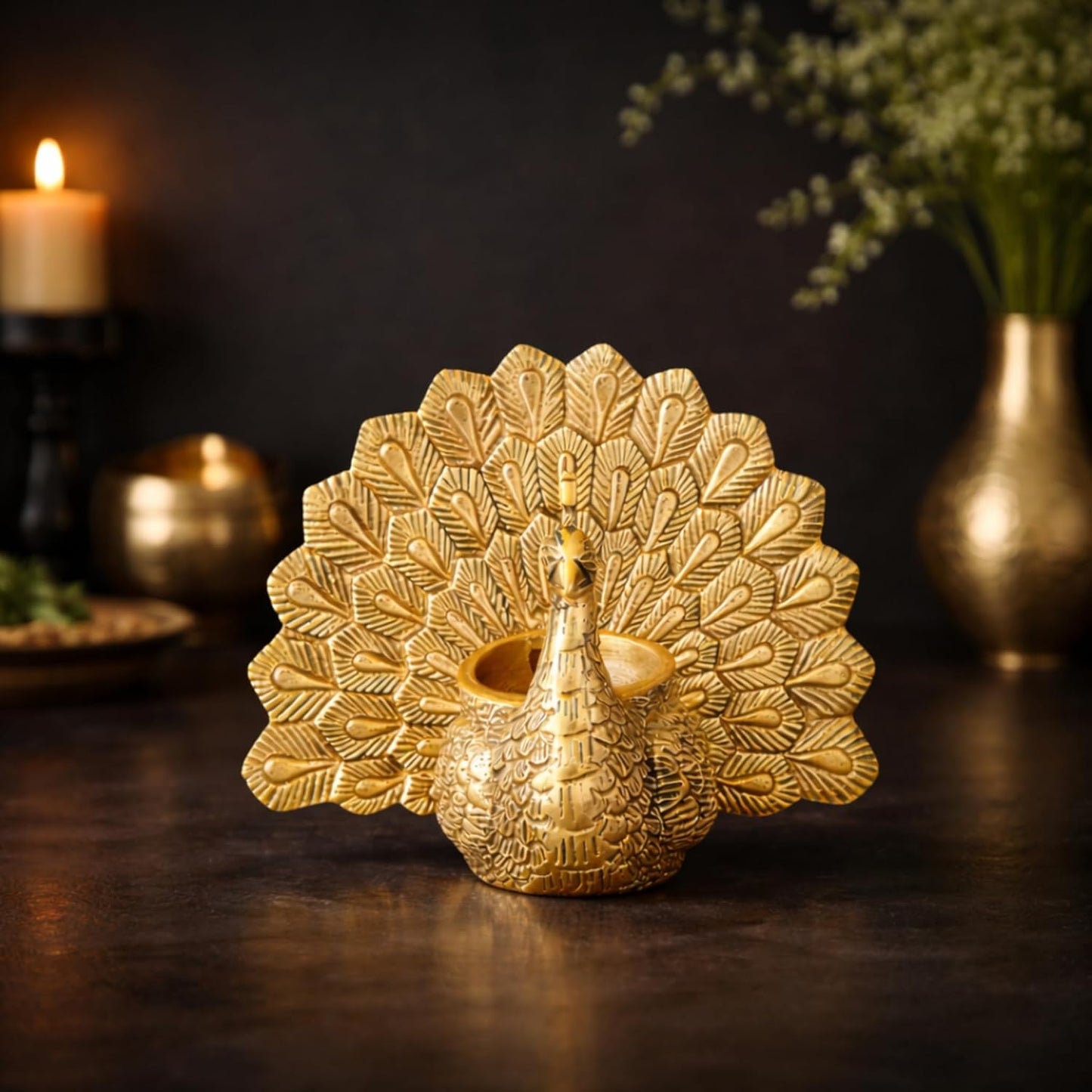 Aluminium Peacock Candle Holder – Antique Gold Embossed Metal Tealight Stand, Royal Peacock Diya for Diwali, Wedding & Elegant Home Decor