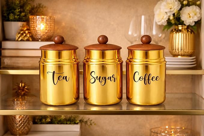 Gold Metal Kitchen Storage Canister Set with Wooden Lids – Tea, Sugar & Coffee Containers, Airtight Food Storage Jars for Modern Countertop Decor