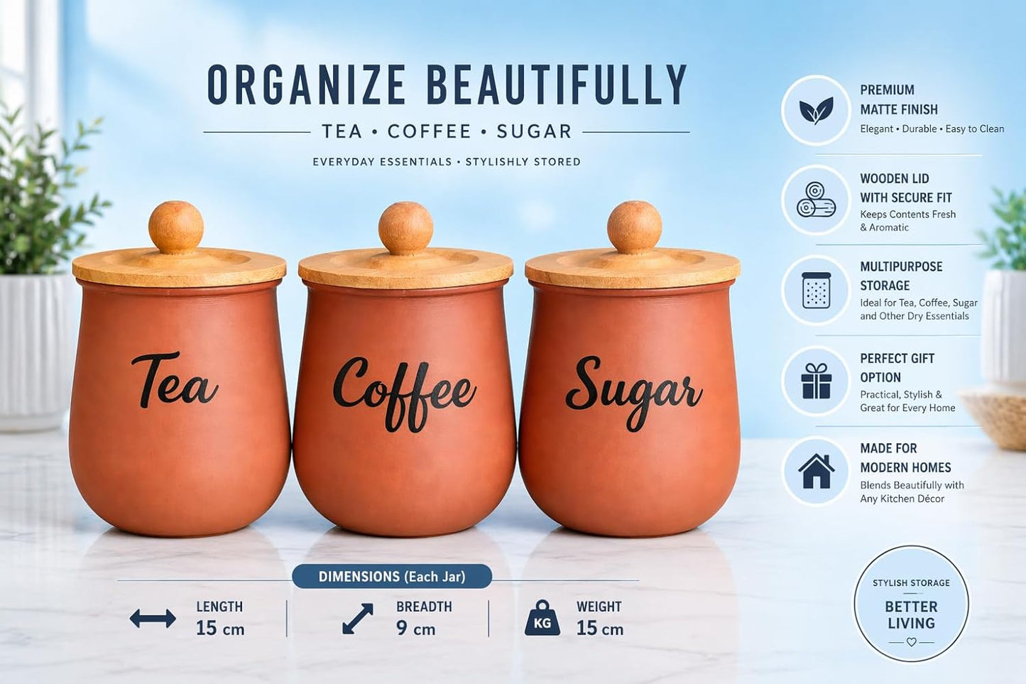 Metal Tea, Coffee & Sugar Canister Set with Wooden Lids