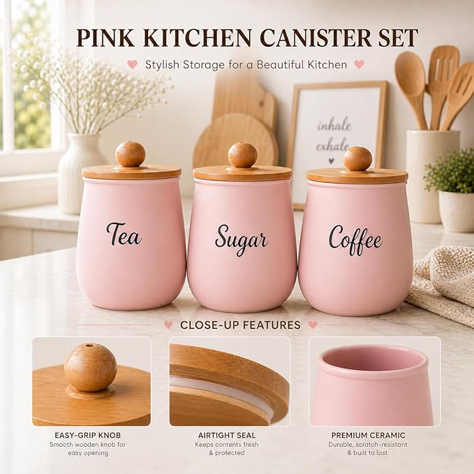 Airtight Pink Metal Tea Coffee Sugar Canisters Set with Wooden Lids – Stylish Kitchen Storage Containers for Countertop Organization & Fresh Food Storage