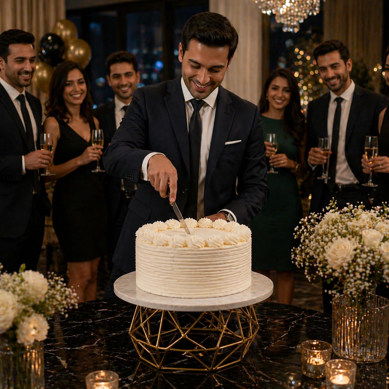 Designer Gold Cake Display Stand | Round Serving Platform with Artistic Metal Frame | Premium Dessert Holder for Parties & Home Styling