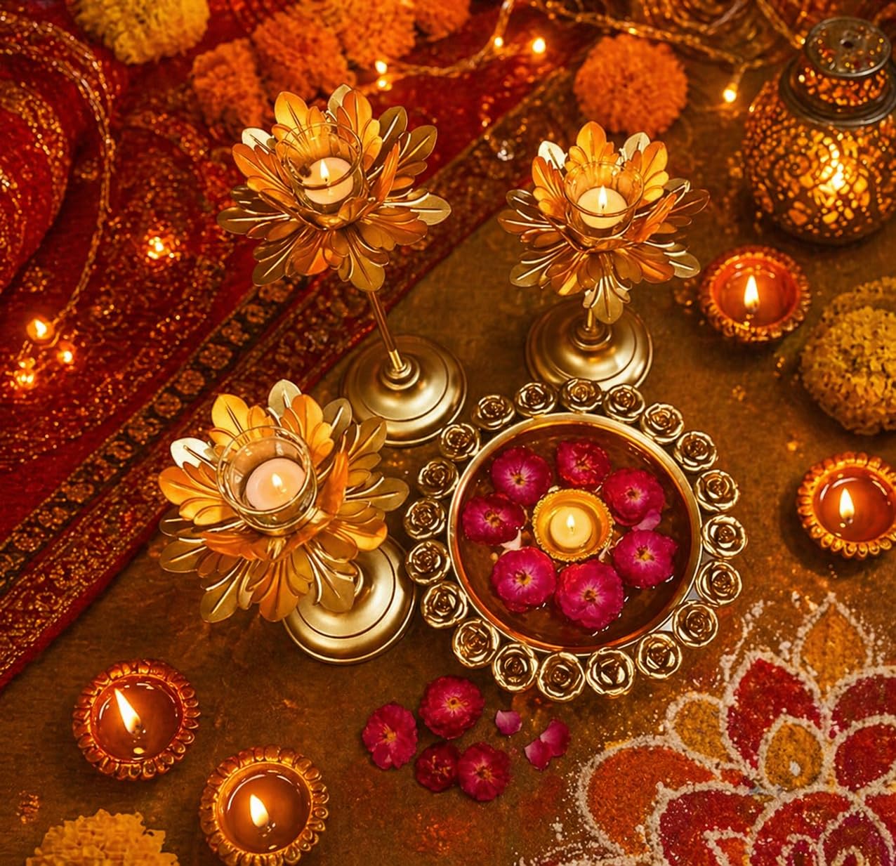 Luxury Metal Urli Set with Lotus Candle Holders | Elegant Decorative Metal Urli for Diwali, Pooja, Floating Flower Decoration, Festive Table Centerpiece & Spiritual Home Decor