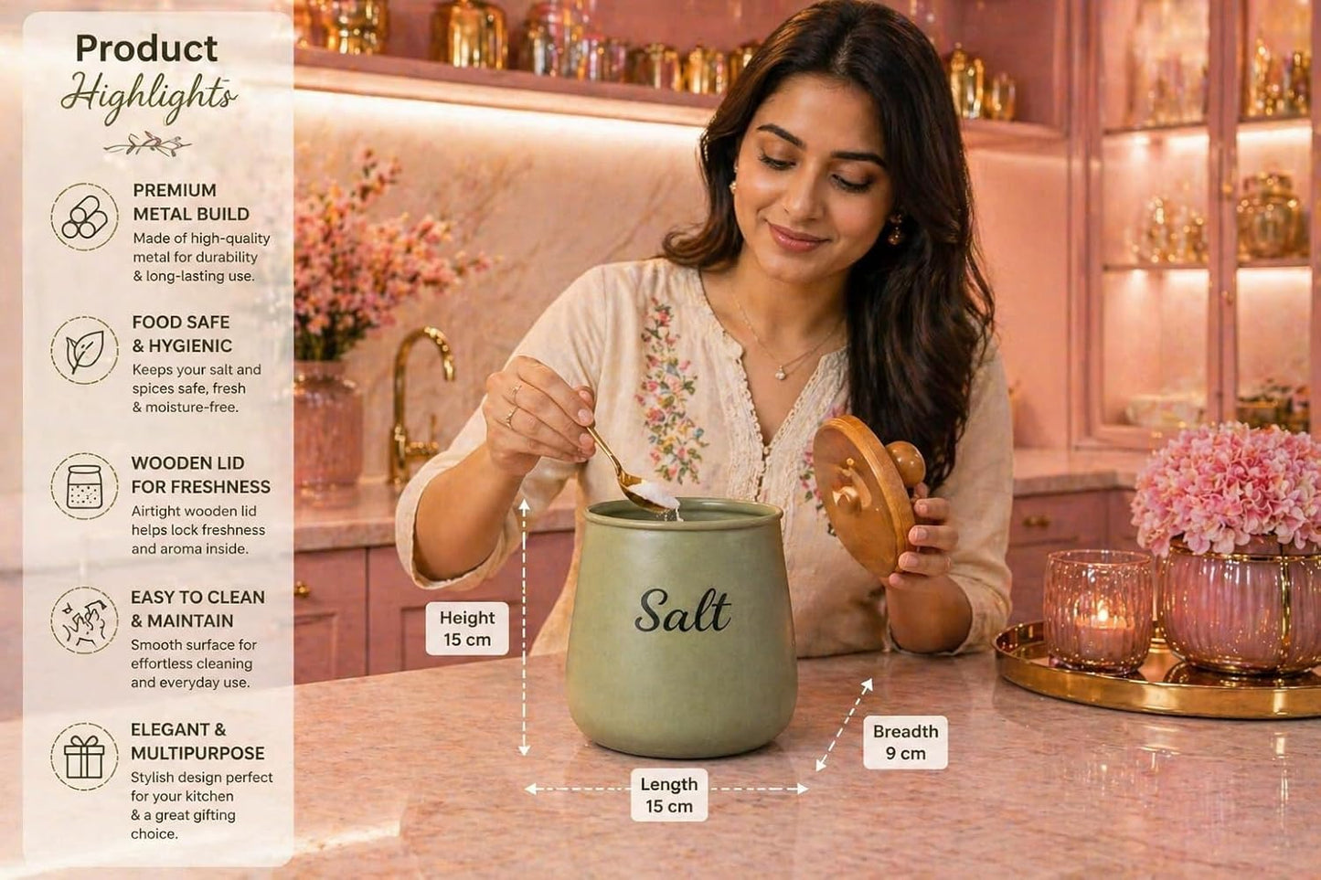 Teal Metal Salt Container with Wooden Lid – Aesthetic Kitchen Countertop Salt Storage, Modern Decorative Salt Holder for Elegant Kitchen Organizer