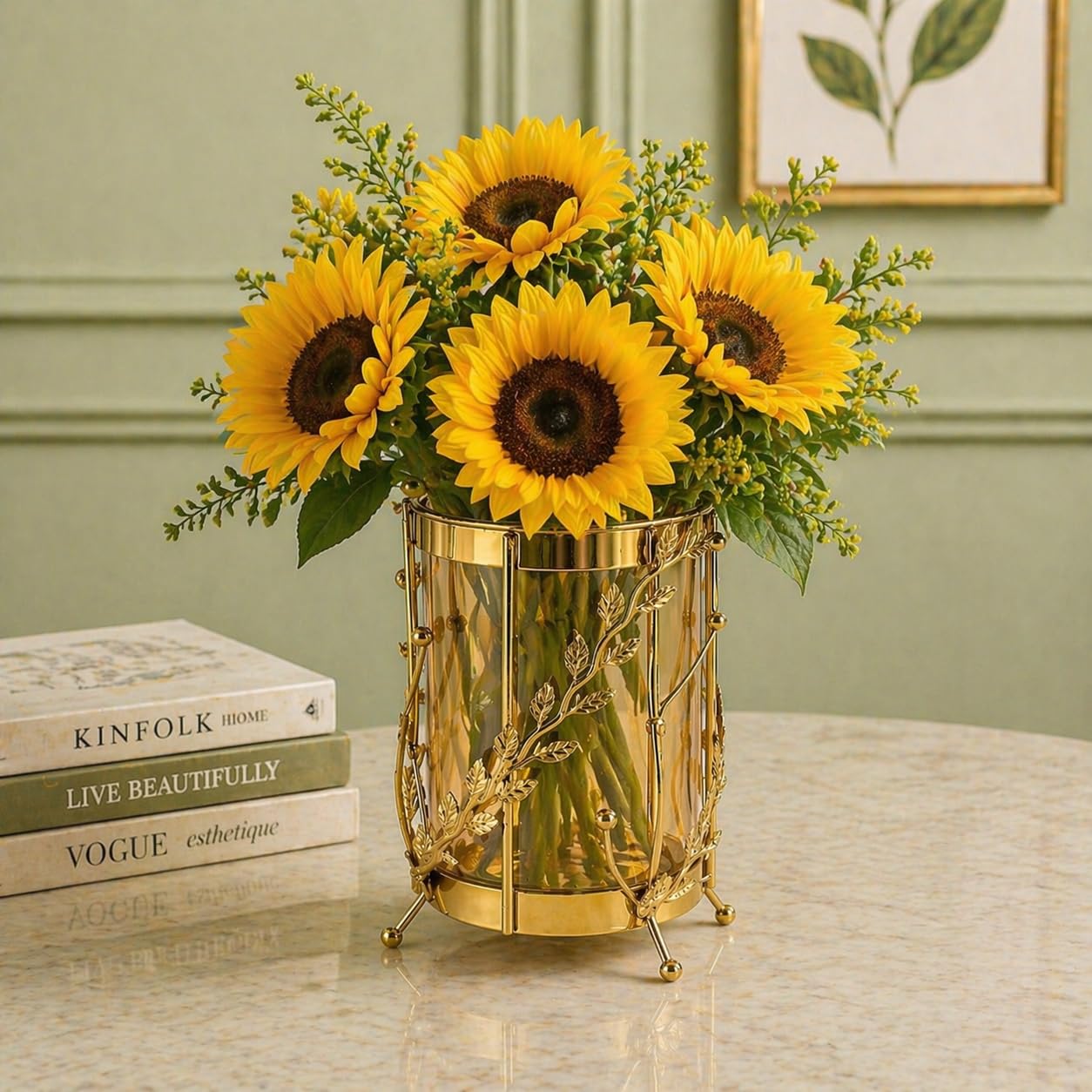 Luxury Floral Gold Vase with Decorative Leaf Design | Elegant Metal & Glass Flower Vase for Living Room, Dining Table & Premium Home Decor