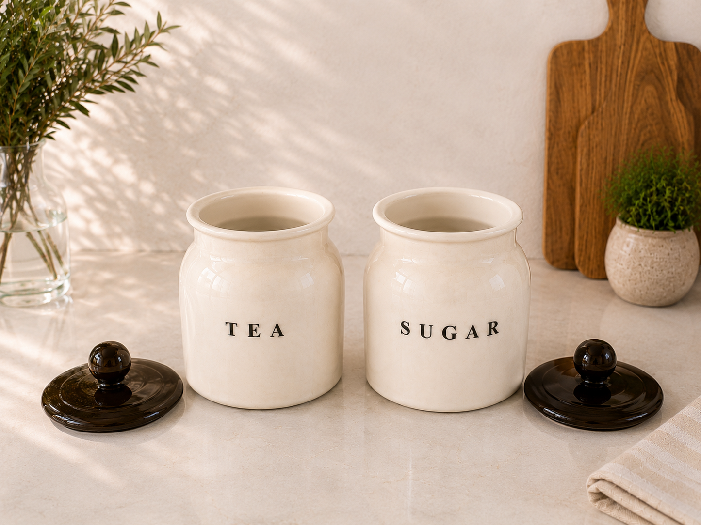 White Metal Tea Sugar Container Set with Black Lids – Premium Kitchen Storage Canisters for Countertop, Pantry & Tea Station