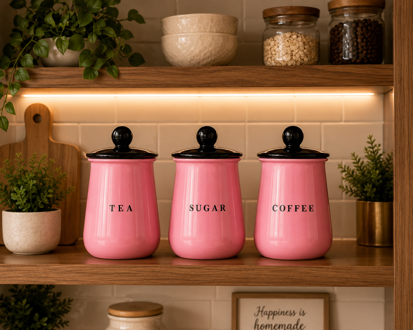 Glossy Pink Metal Tea Sugar Coffee Container Set with Black Lids – Premium Kitchen Storage Canisters for Countertop, Pantry & Coffee Station
