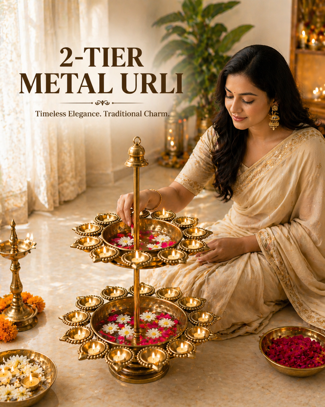Metal Urli with Multi Diyas – Luxury Two Layer Urli Stand for Diwali, Pooja & Festive Home Decoration, Decorative Metal Urli Centerpiece with Gold Finish for Mandir & Table Decor