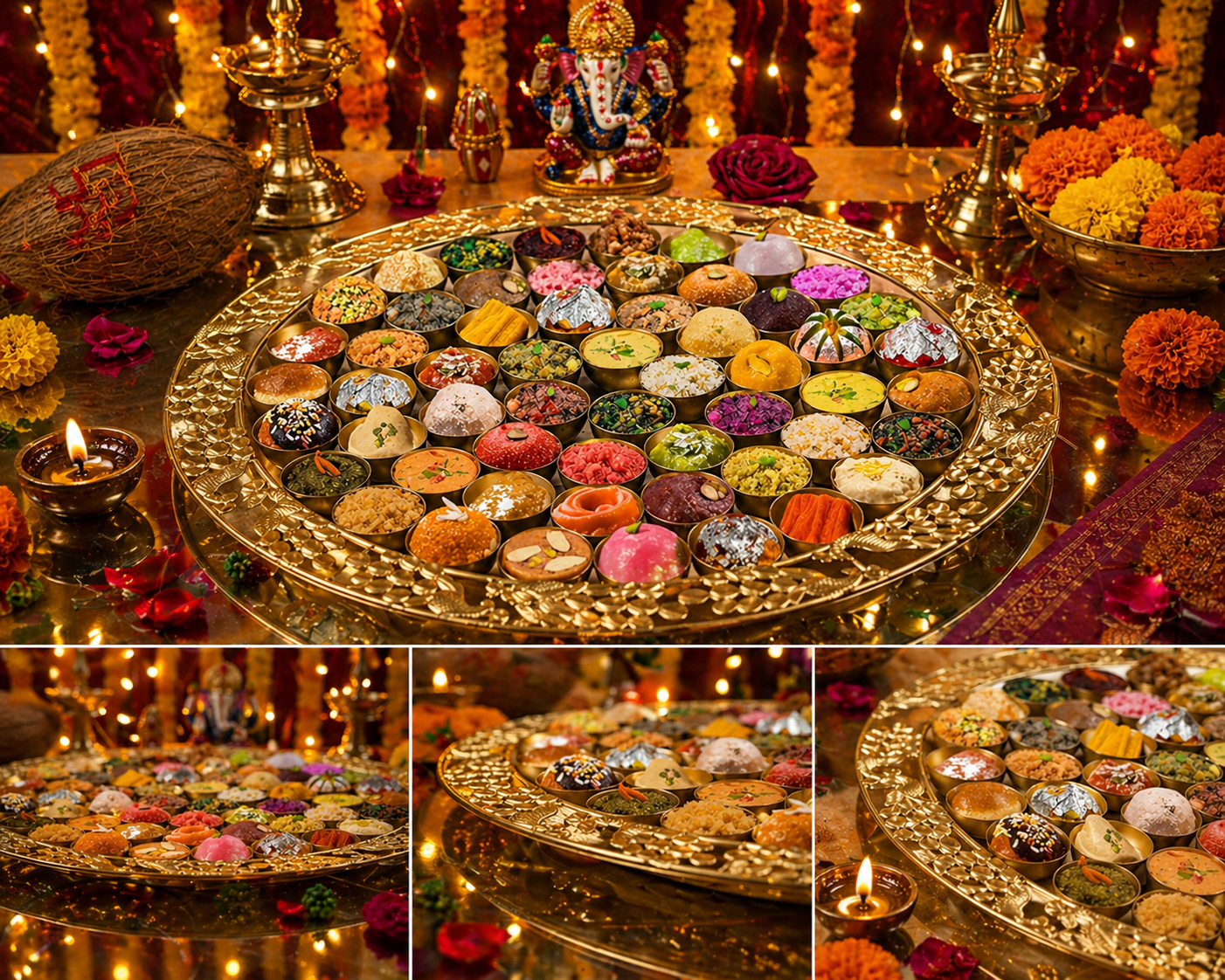 Premium Metal Pooja Thali Set with 56 Bhog Bowls | Decorative Ganesh Ji Festival Thali for Diwali, Navratri, Wedding & Home Temple Decoration | Traditional Indian Puja Serving Platter