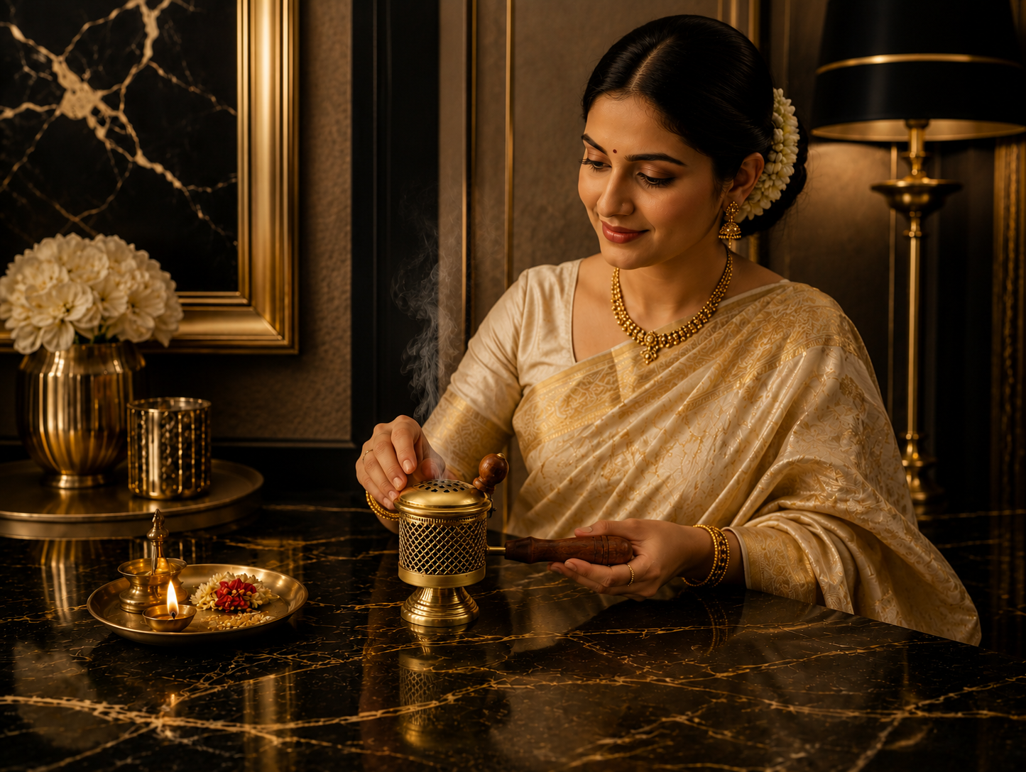 Brass Finish Metal Loban Burner with Wooden Handle
