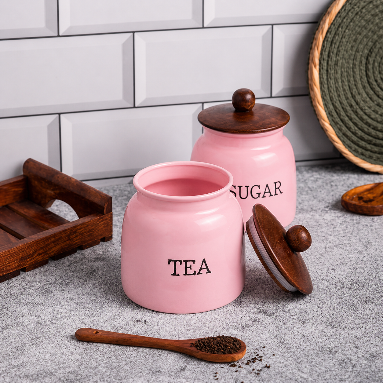 Pink Metal Tea & Sugar Storage Jars Set | Kitchen Canisters with Lid | Stylish Countertop Organizer for Modern Homes