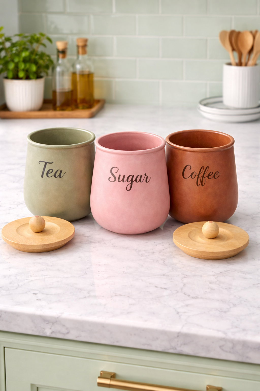 Tea Coffee Sugar Canister Set with Wooden Lid | Kitchen Storage Containers Set of 3 | Airtight Jars for Tea, Coffee & Sugar | Decorative Kitchen Organizer