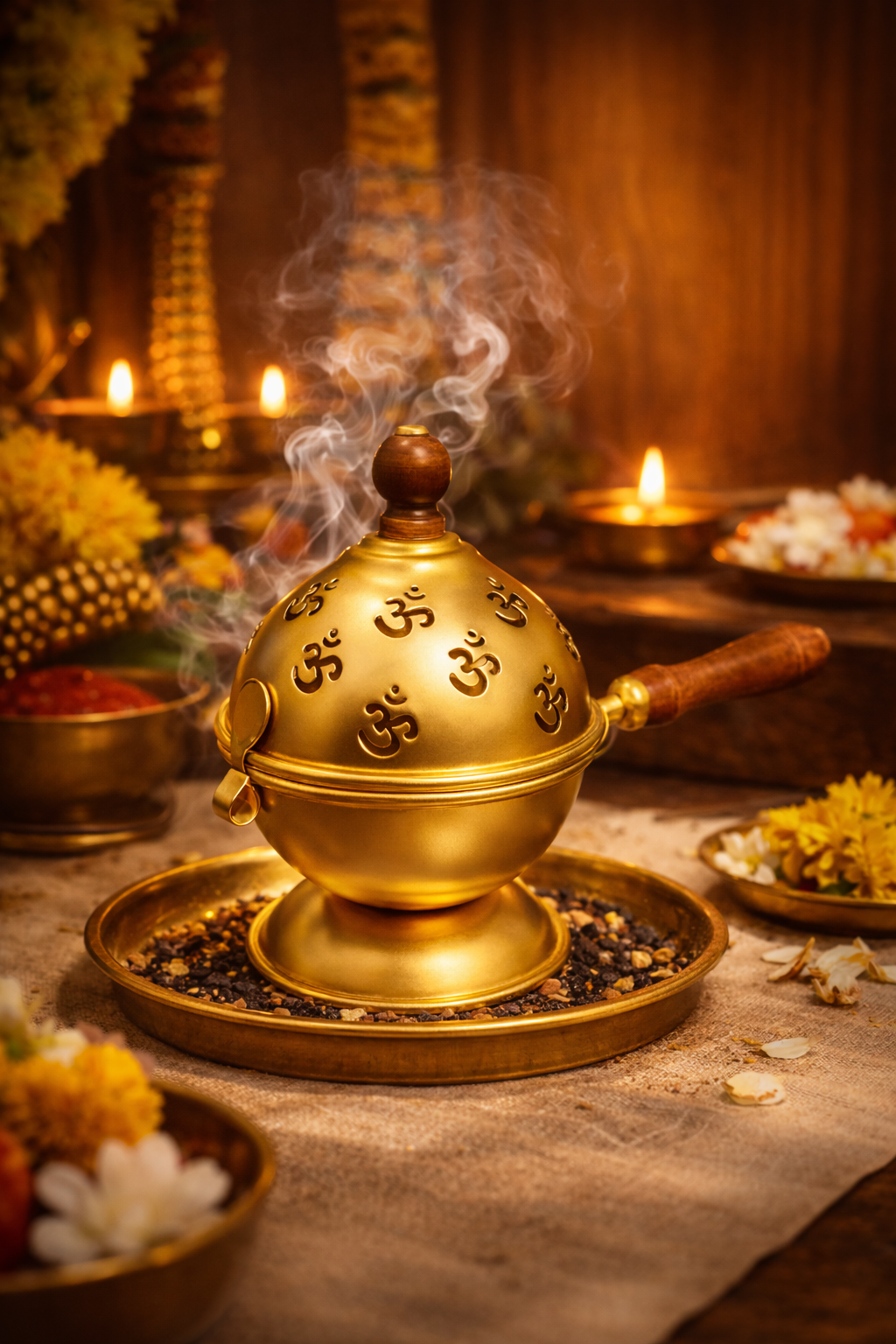 Premium Golden OM Metal Loban Dhoop Dani with Wooden Handle | Kapoor Dani for Pooja, Havan, Mandir & Meditation | Charcoal Incense Burner