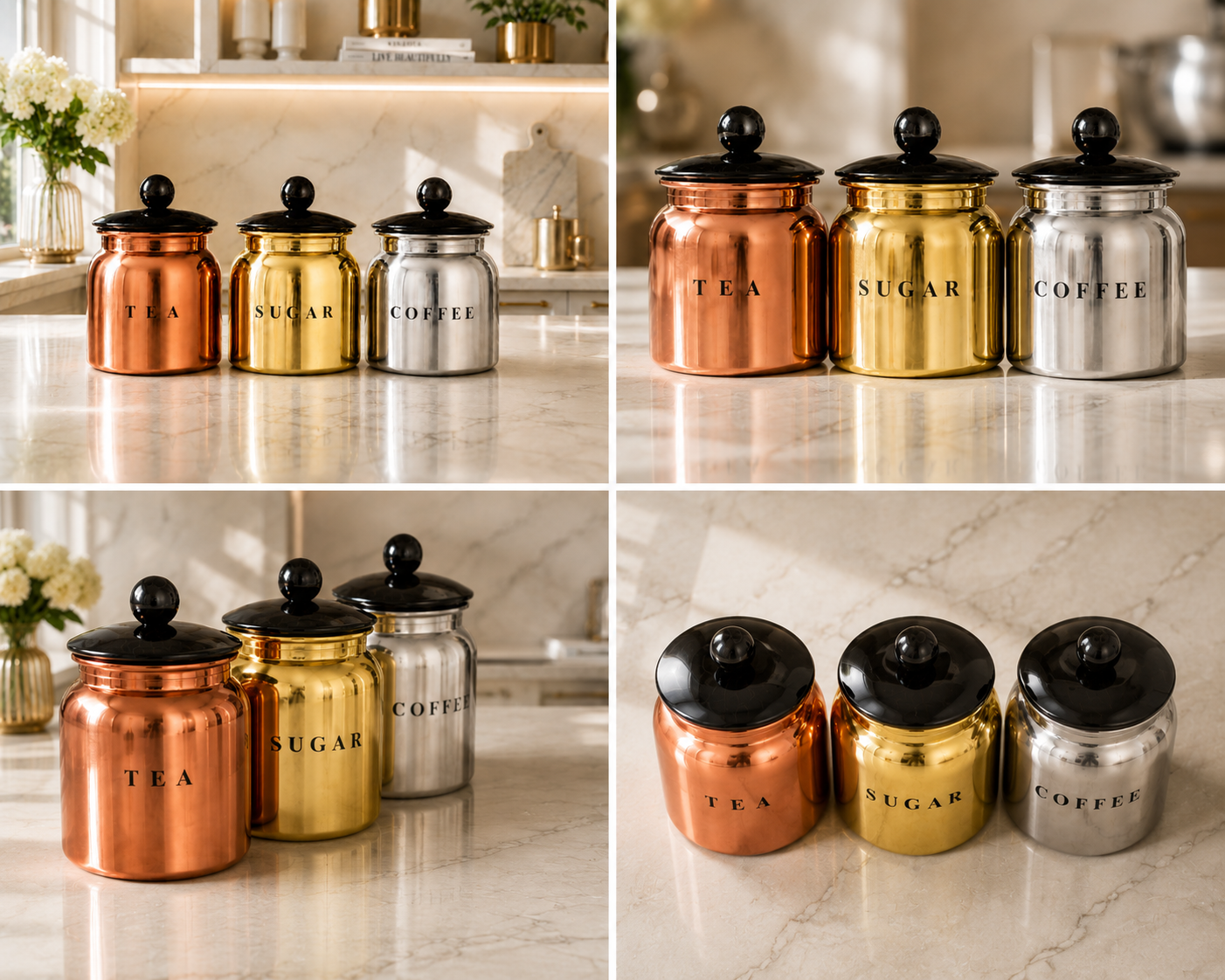 Multi Metal Tea Sugar Coffee Canister Set with Black Lids – Premium 3 Piece Kitchen Storage for Countertop, Pantry & Coffee Station