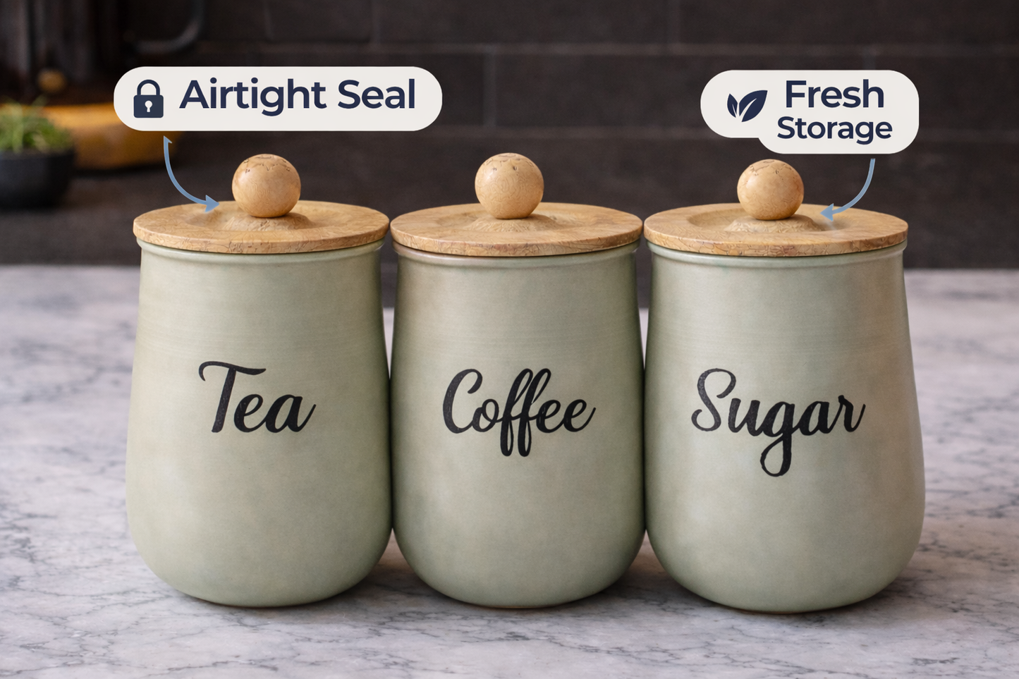 Airtight Tea Coffee Sugar Canisters Set – Fresh Storage Kitchen Containers with Wooden Lids