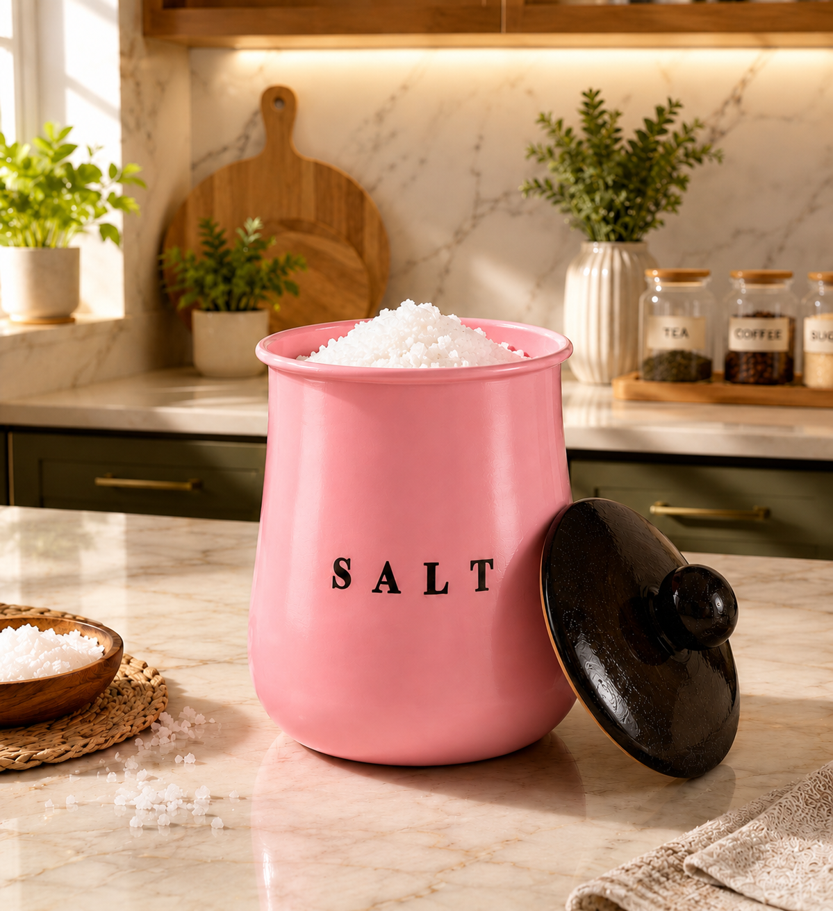 Glossy Pink Metal Salt Container with Black Lid – Stylish Kitchen Countertop Salt Storage Canister for Pantry, Spices & Masala