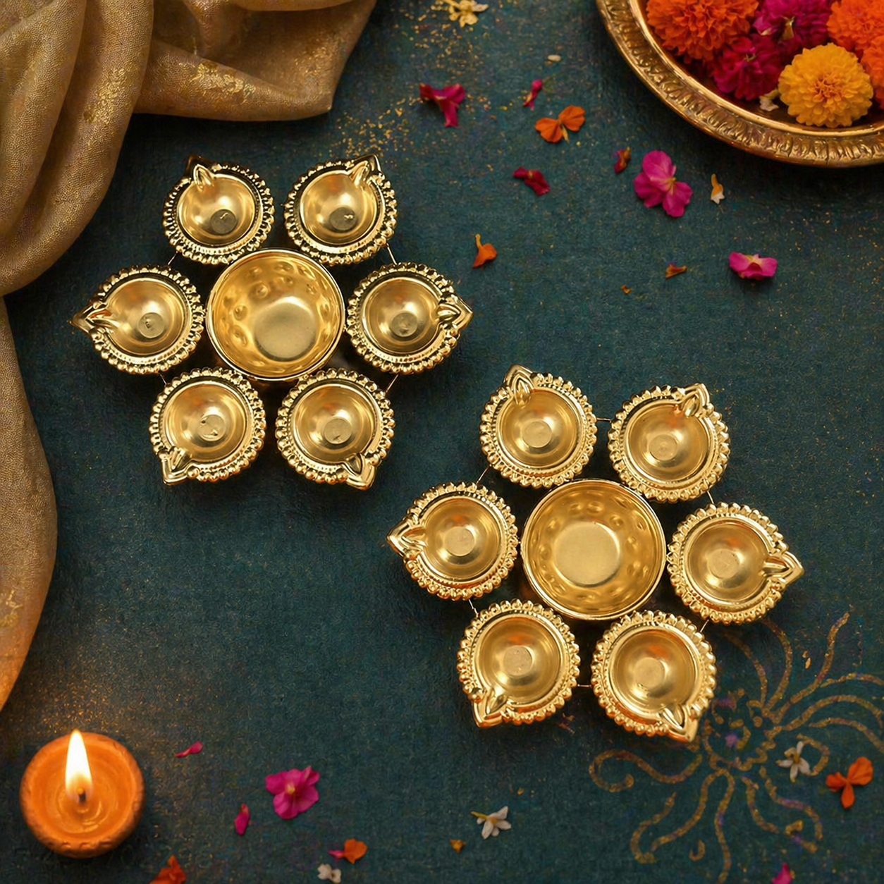 Premium Metal Diya Set for Diwali & Pooja Decoration – Elegant Decorative Metal Diyas with Golden Finish for Mandir, Festive Table Decor, Traditional Oil Lamps & Spiritual Home Decoration