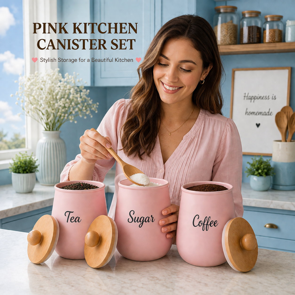 Pink Kitchen Canister Set with Wooden Lids