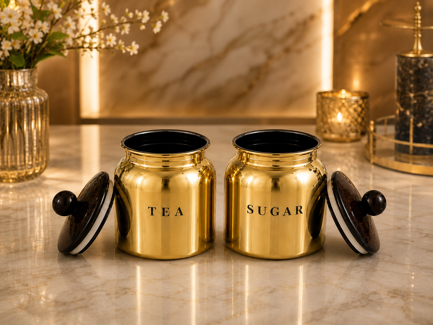 Glossy Gold Metal Tea Sugar Canister Set with Wooden-Style Lids – Premium 2 Piece Kitchen Storage for Countertop, Pantry & Tea Station