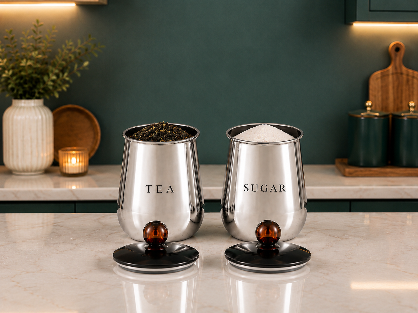 Premium Silver Metal Tea & Sugar Storage Containers with Lids – Set of 2 Kitchen Canisters