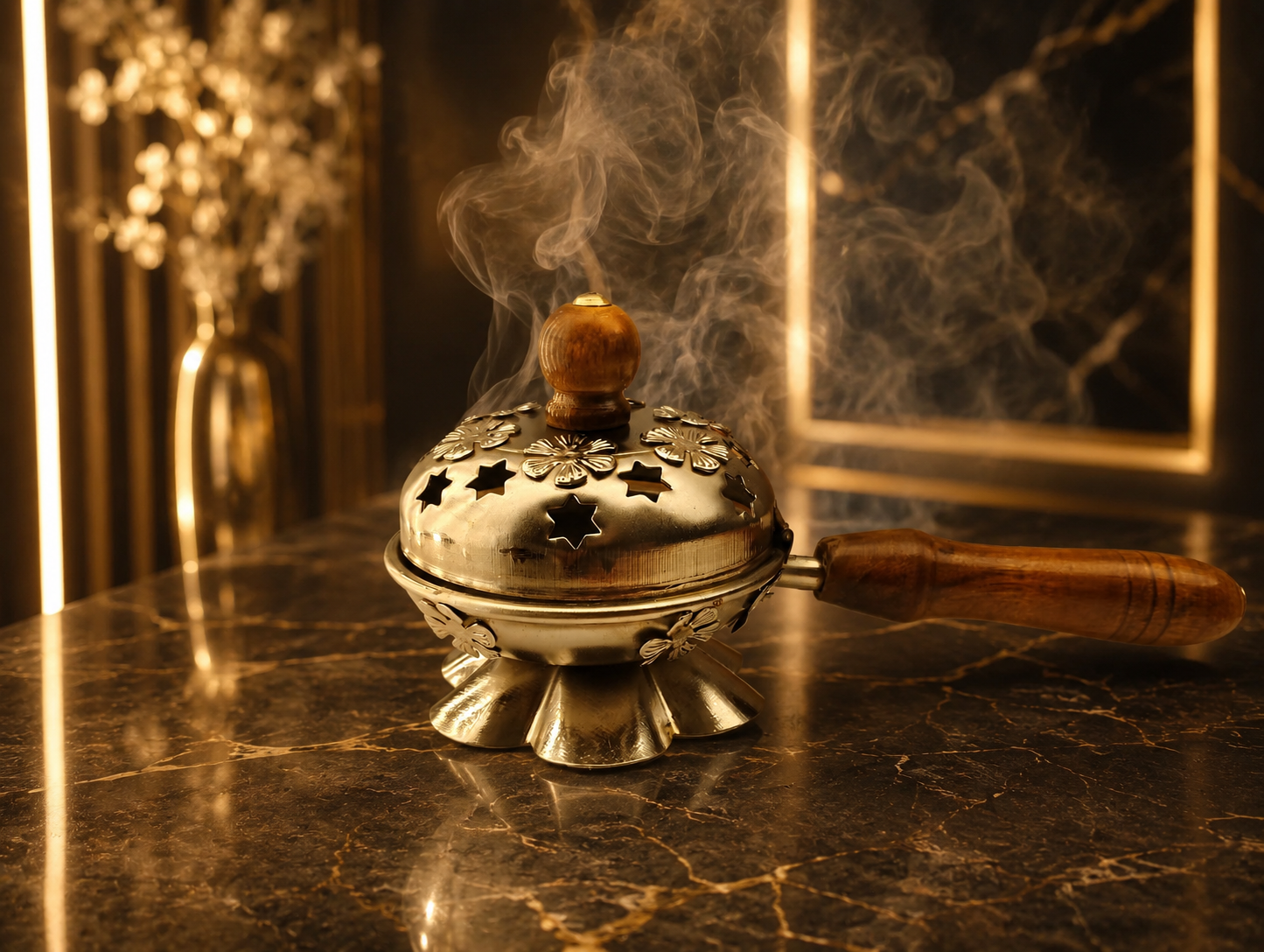 Floral Lid Metal Loban Burner with Wooden Handle