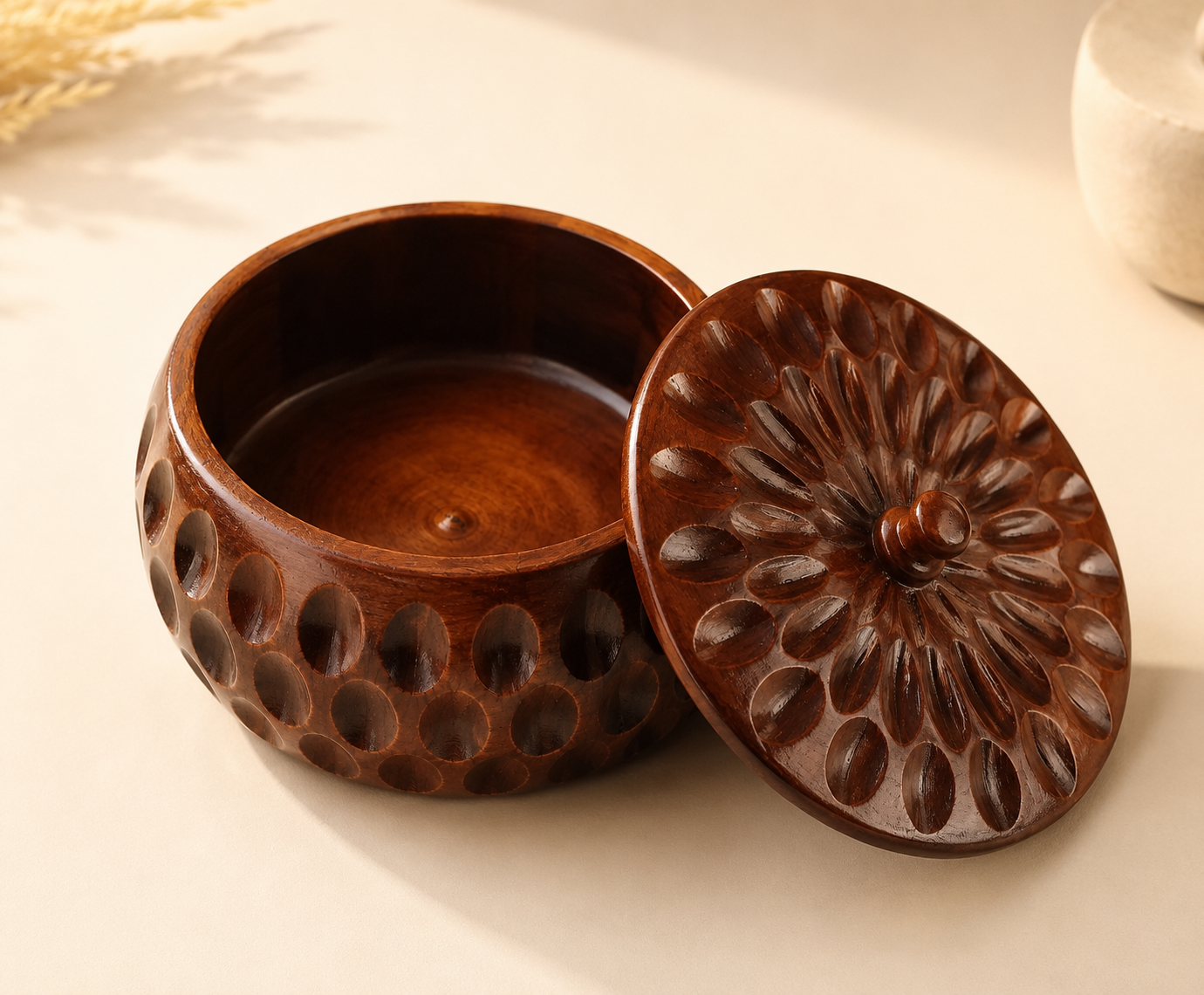 Handcrafted Wooden Roti Box with Lid – Carved Round Chapati Storage Container for Dining Table