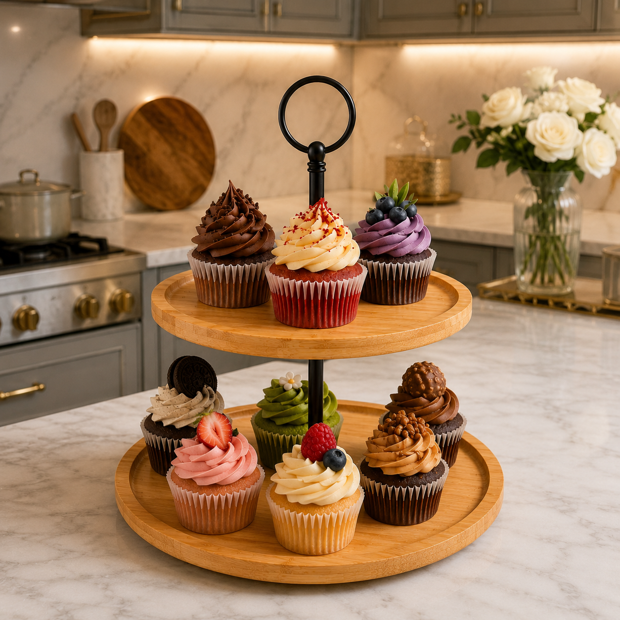 Premium 2 Tier Bamboo Cake Stand for Cupcakes & Desserts – Elegant Wooden Dessert Display Stand with Metal Handle – Multi Layer Serving Tray for Kitchen Counter, Tea Party, Birthday, Bakery & Home Decoration
