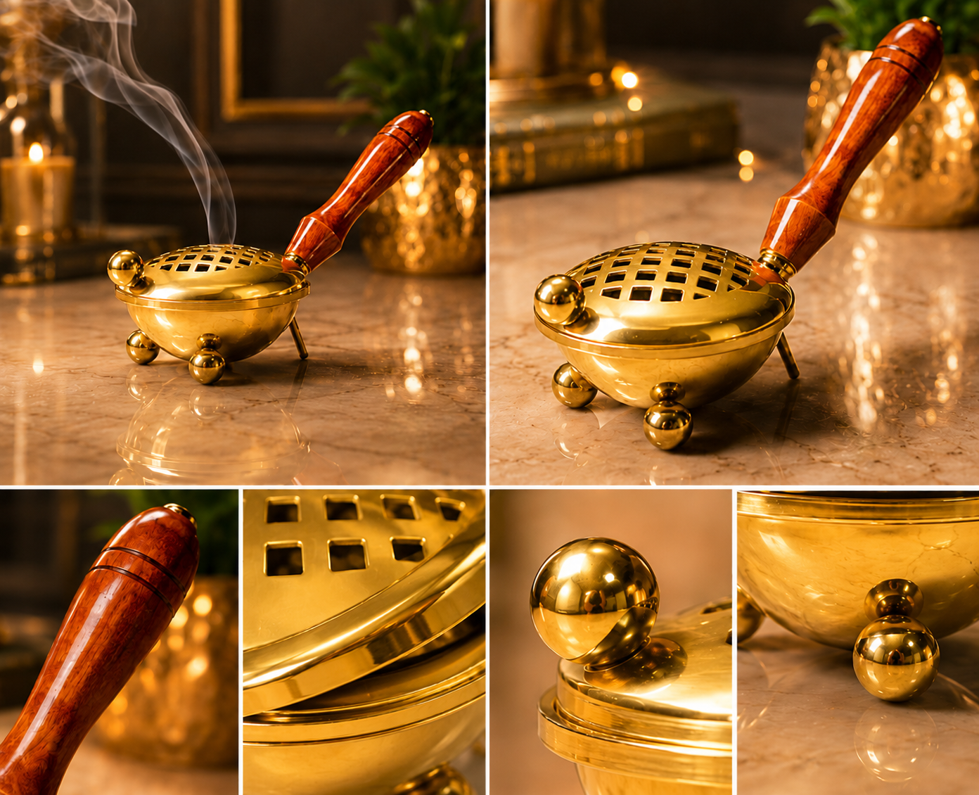 Gold Metal Loban Burner with Wooden Handle for Pooja, Bakhoor & Home Décor