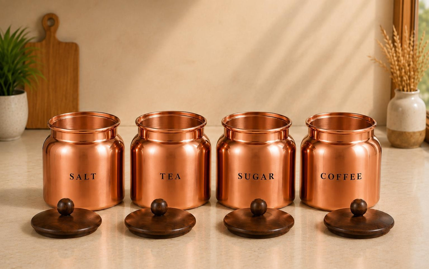 Salt Metal Tea Sugar Coffee Canister Set with Wooden-Style Lids – Premium 4 Piece Kitchen Storage for Countertop, Pantry & Coffee Station