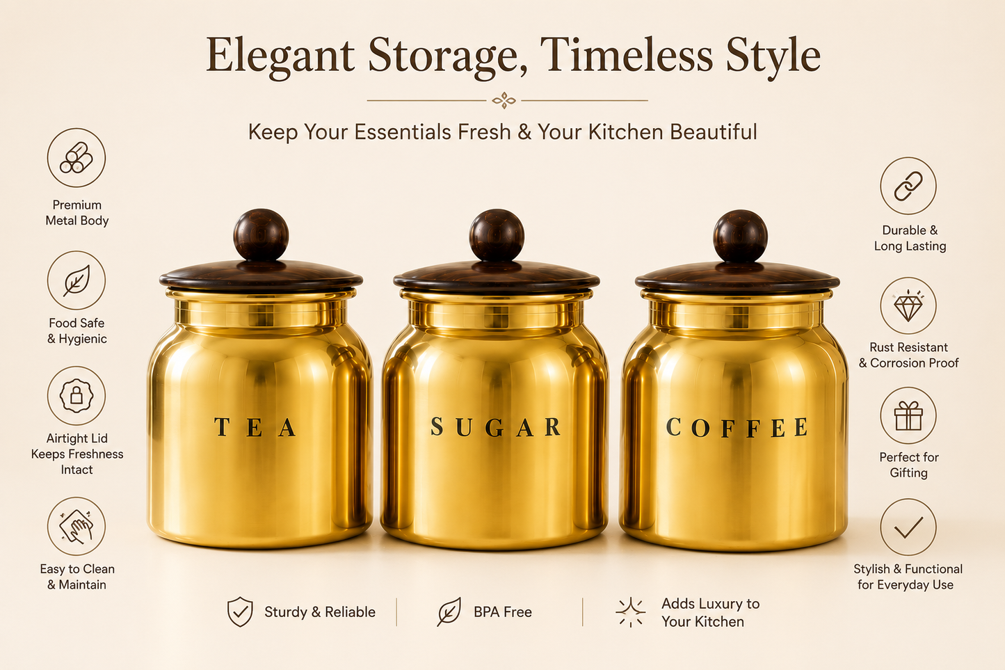 Gold Metal Tea Sugar Coffee Canister Set with Wooden-Style Lids – Premium 3 Piece Kitchen Storage for Countertop, Pantry & Coffee Station