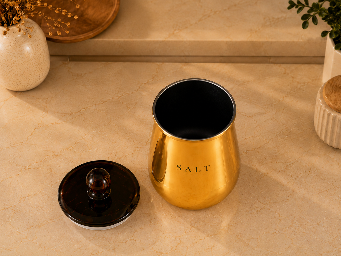 Premium Gold Metal Salt Storage Container with Decorative Knob Lid for Kitchen Counter
