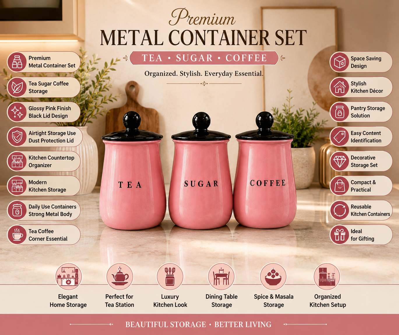 Glossy Pink Metal Tea Sugar Coffee Container Set with Black Lids – Premium Kitchen Storage Canisters for Countertop, Pantry & Coffee Station
